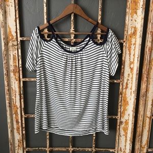 Max Studio Navy White Striped Cold Shoulder Top Sm